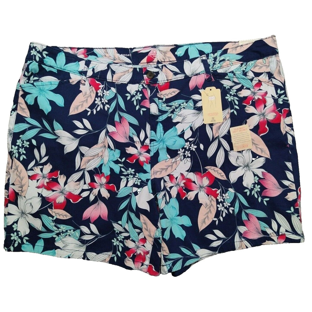 St Johns Bay Women Plus 24W Navy Blue Floral Mid-Rise 7" Shorts‎ NEW